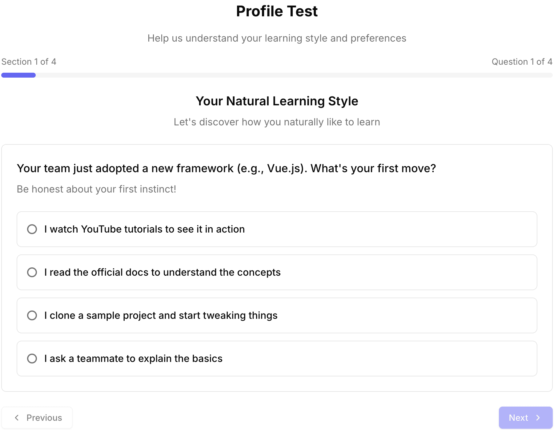 BrainScan profile quiz interface